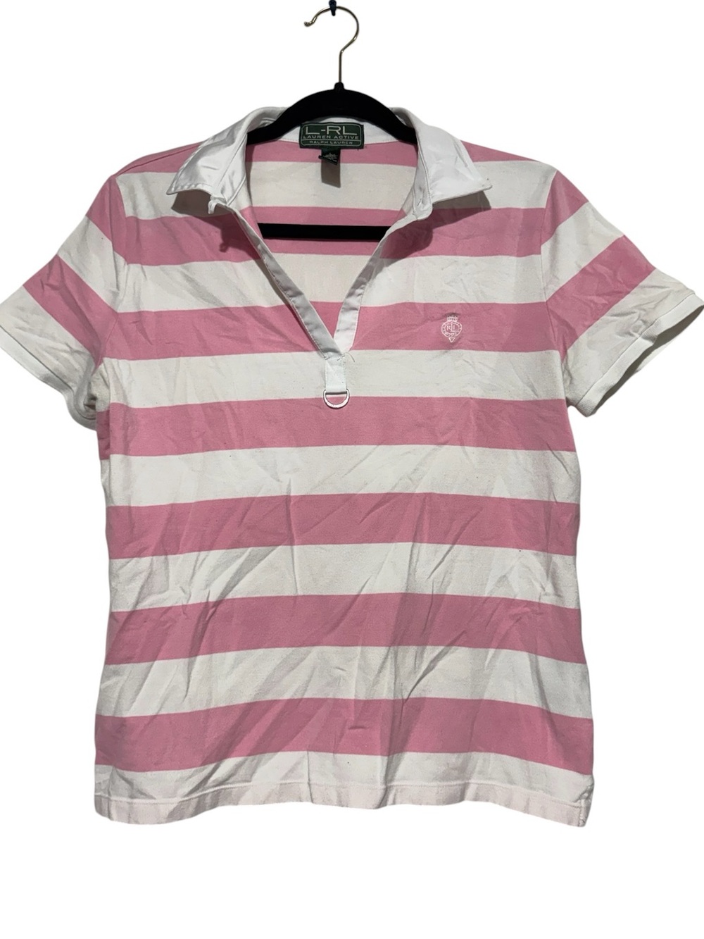 Ralph Lauren Striped Rugby Polo Shirt Women Size Large Pink White Preppy
